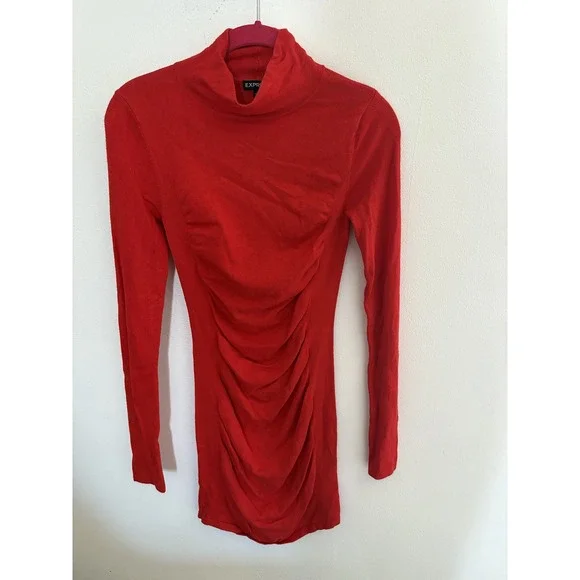 Express Red Ruched Turtleneck Long Sleeve Mini Dress XS Mock Neck Knit Bodycon - Picture 3 of 5